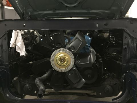 2001 Ford Crown Victoria - Close-up view of an engine bay, focusing on the fan clutch and blue engine block.