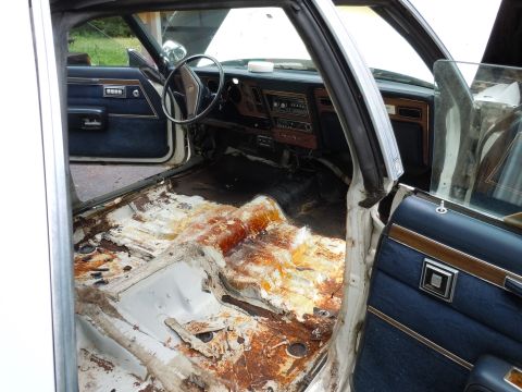 2001 Ford Crown Victoria - The interior of a car shows significant rust damage on the floorboards, with blue door panels and dashboard visible.