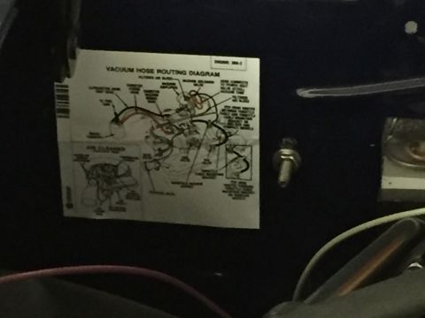 2001 Ford Crown Victoria - A vacuum hose routing diagram sticker is affixed to a dark surface, showing complex engine component connections.
