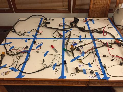 2001 Ford Crown Victoria - Vehicle wiring harness laid out on a table with various components and labels.