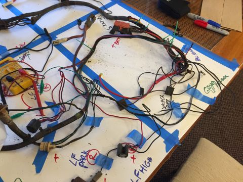 2001 Ford Crown Victoria - A complex wiring harness is spread out on a table, with various sections labeled for identification during a project.