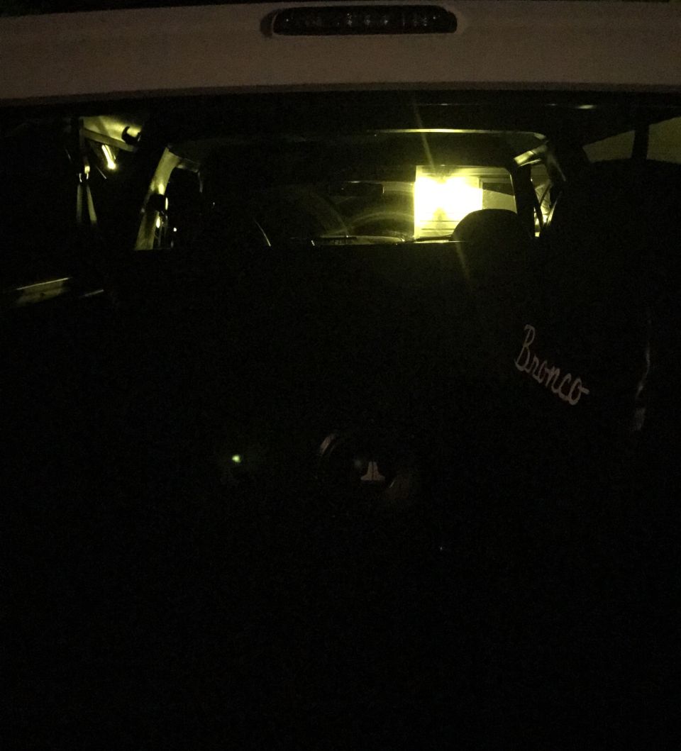 Interior of a Ford Bronco with "Bronco" text visible on the seat