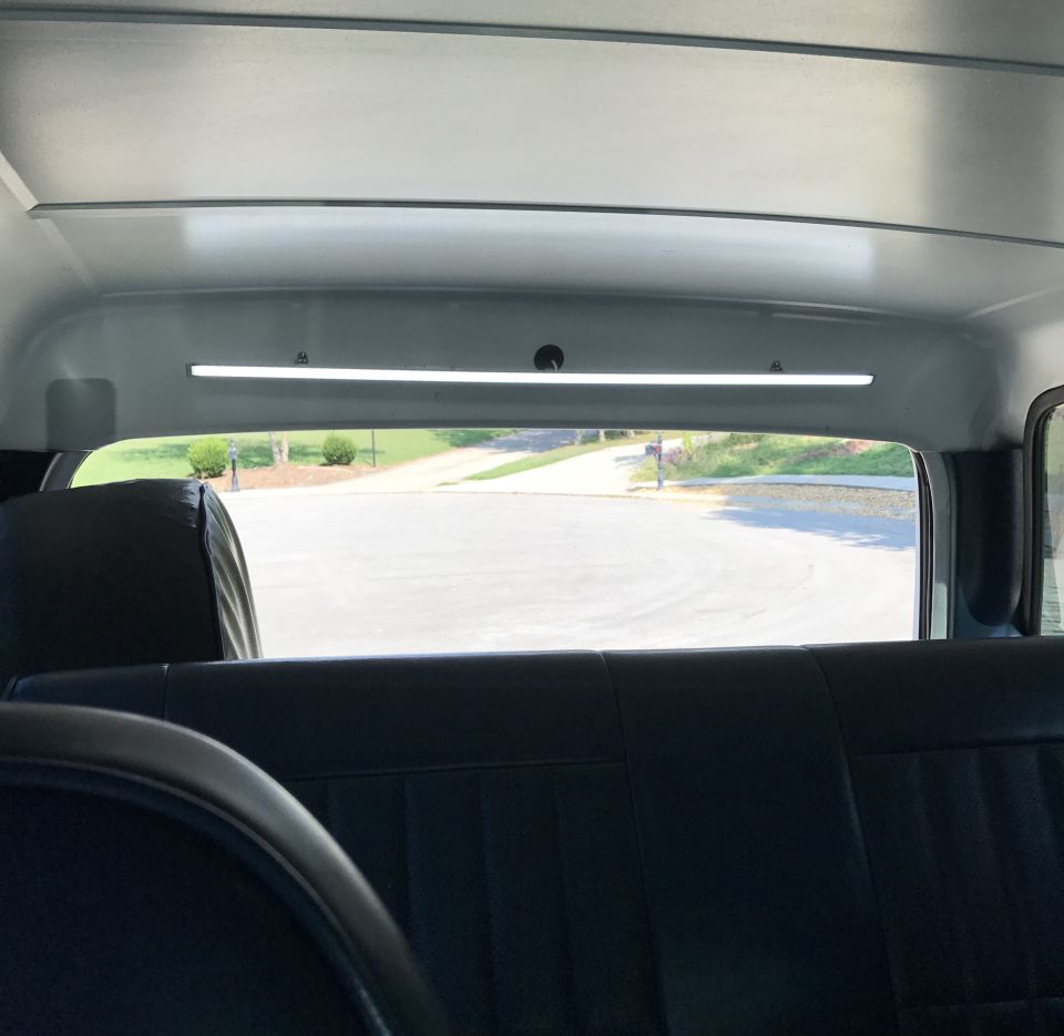 view from back seat looking out window, shows road and trees
