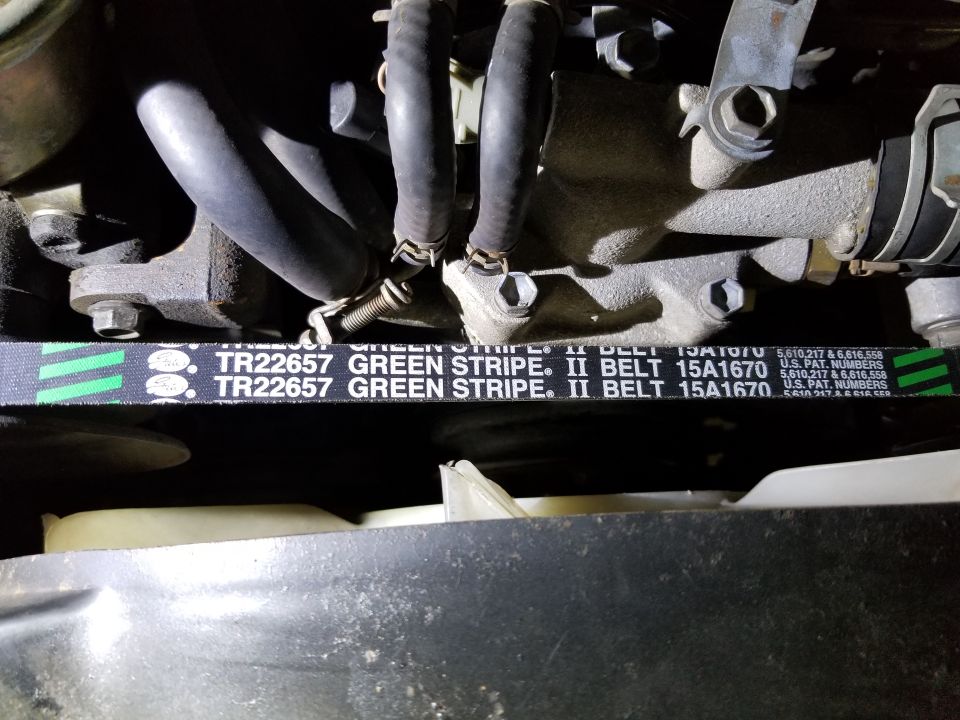 Close-up of a black engine belt with green stripes and text TR22657 GREEN STRIPE. II BELT 15A1670