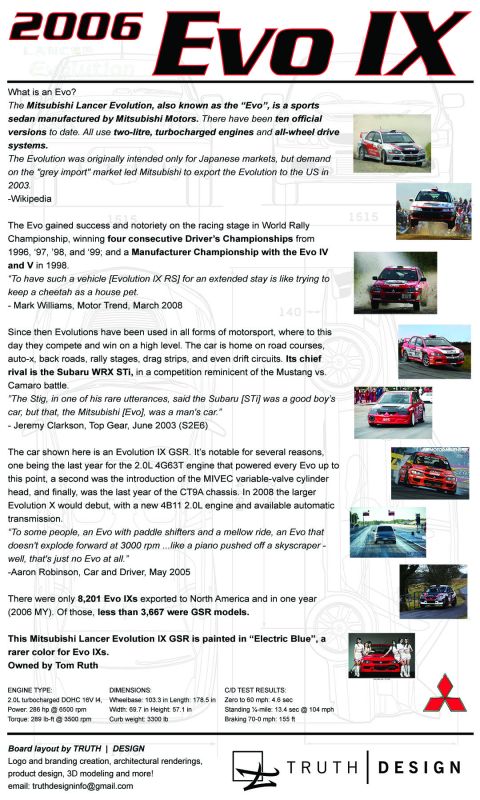 2006 Mitsubishi Evolution - Document detailing the 2006 Mitsubishi Lancer Evolution IX GSR, including specifications and photos.