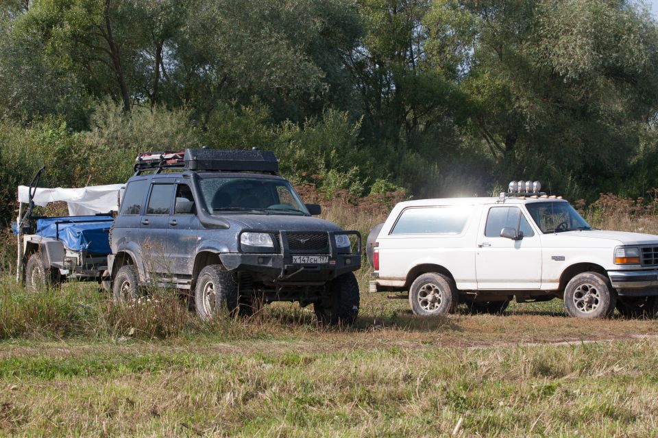 Dark blue SUV and white Ford Bronco parked side-by-side in a grassy, wooded area.