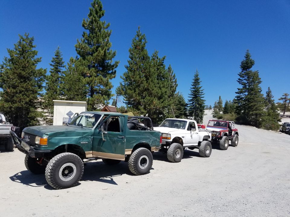 Several off-road trucks parked in a line on a dirt road with pine trees and a blue sky.