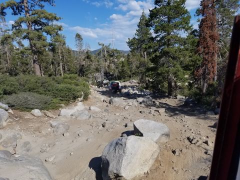 1968 Ford Bronco - A red and white off-road vehicle is seen navigating a rocky, dirt trail through a forest with tall pine trees. The vehicle is partially obs…