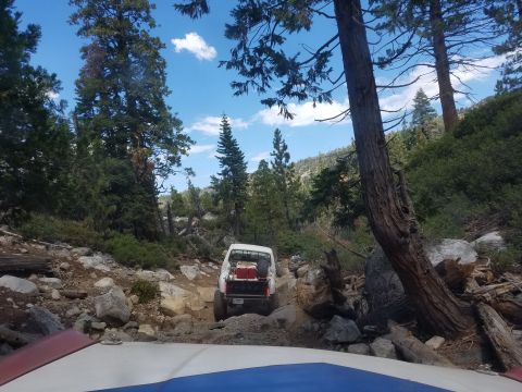 1968 Ford Bronco - A white pickup truck with red gas cans in the bed navigates a rocky, wooded trail. The photo is taken from the perspective of another vehic…