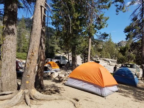 1968 Ford Bronco - A campsite scene shows two tents pitched on sandy ground, with a white pickup truck and a dark green SUV parked behind them. The surroundin…