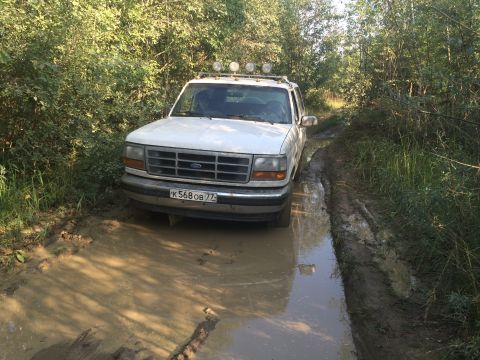 1993 Ford Bronco - A white Ford Bronco is stuck in a muddy, rutted path surrounded by dense foliage. The vehicle has auxiliary lights mounted on its roof rack…