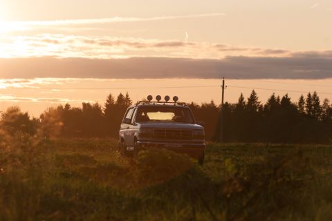 1993 Ford Bronco - A white Ford Bronco is parked in a grassy field during sunset, with a line of trees in the background and a utility pole to the right.