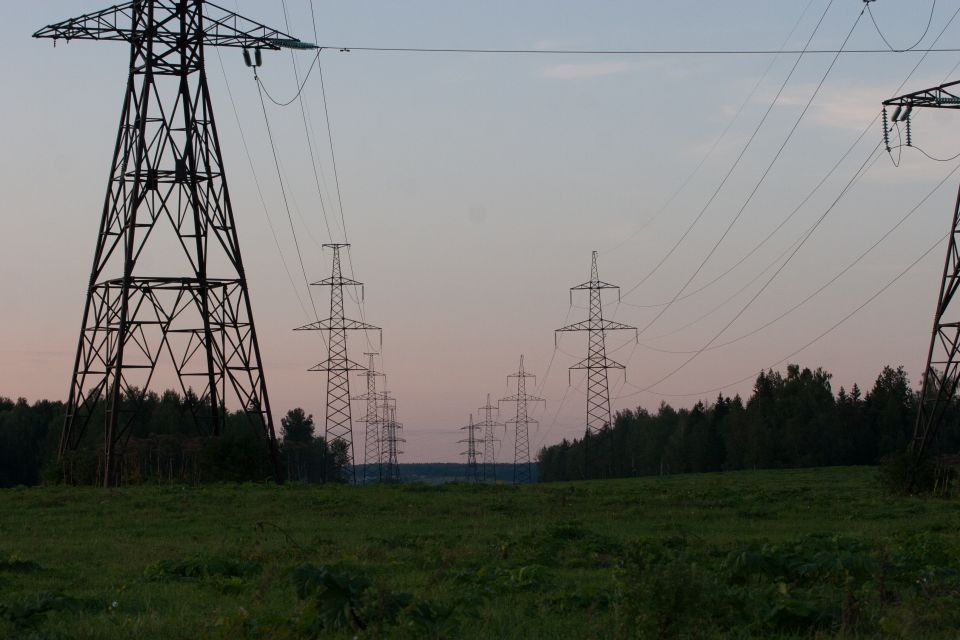 Electricity pylons in a field at dusk.