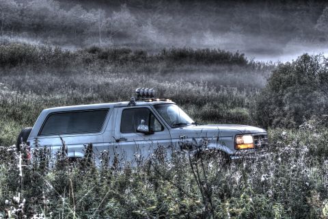 1993 Ford Bronco - A silver Ford Bronco is parked in a field of tall grass and weeds, with fog in the background. The vehicle has auxiliary lights mounted on…