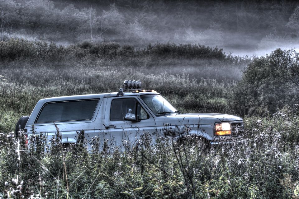 Silver Ford Bronco in a field with fog and tall grass.