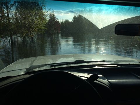 1993 Ford Bronco - Driving through flooded terrain with trees submerged in water under a partly cloudy sky.