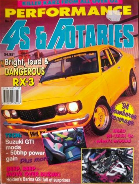 1973 Mazda RX-3 - Magazine cover for 'Performance 4s & Rotaries' a yellow 1973 Mazda RX-3 coupe.