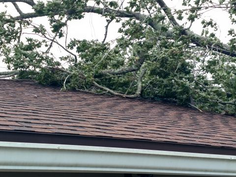 1992 Ford Bronco - Fallen tree branches rest on a residential roof, likely due to severe weather.
