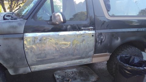 1996 Ford Bronco - Finally starting to strip paint on the rest of the truck. You can see part of the fender in this picture. It stayed in that primer-glide co…