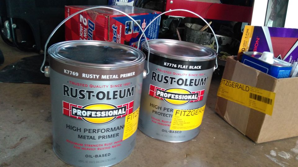 After I opted out of the boat paint, because it was glossy and my body work just wasn't good enough for that shine, I went with Rustoleum professional enamel in flat black. About $35 a gallon.