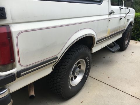 1988 Ford Bronco - This 1988 Ford Bronco is shown from the side, its distinctive pinstriping and step bars.