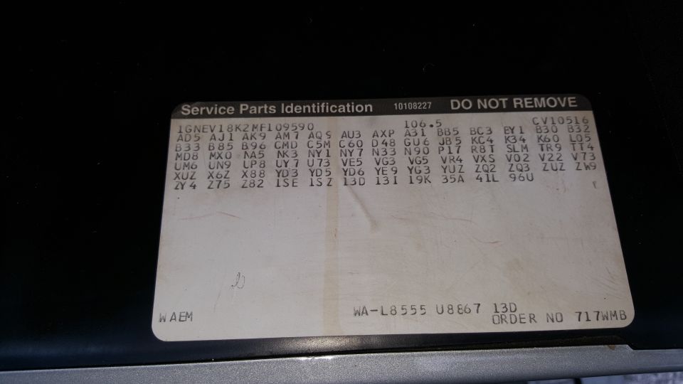 GM Service Parts Identification label with VIN 1GNEV18K2MF109590 and RPO option codes