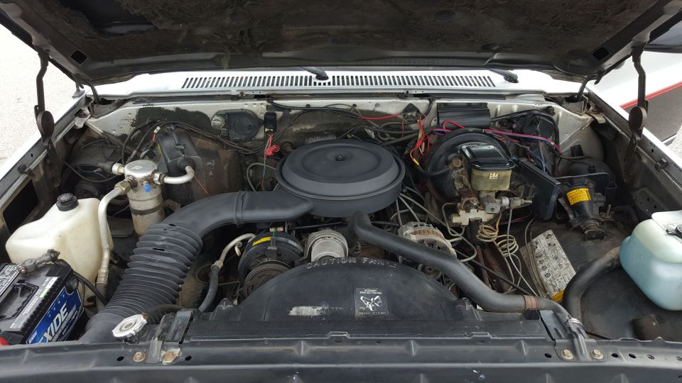 Engine bay with V8 engine, air intake, battery, and hoses