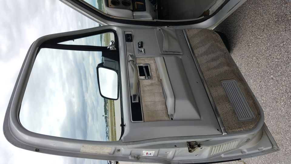 Interior door panel with fabric insert and side mirror