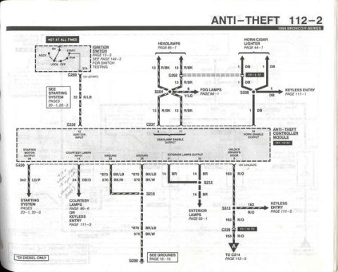 1994 Ford Bronco - Wiring diagram for the anti-theft system showing controller module, lamps, and color-coded wires and connectors.