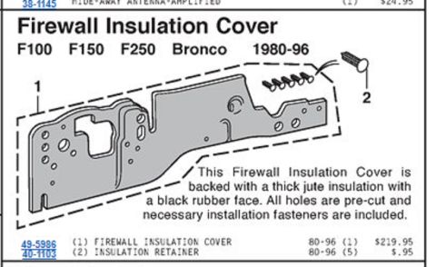 1994 Ford Bronco - Parts catalog page showing a firewall insulation cover and retainer with part numbers and description.