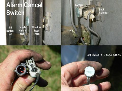 1994 Ford Bronco - Detailed view of a car's door latch assembly and associated electrical components, including part numbers.