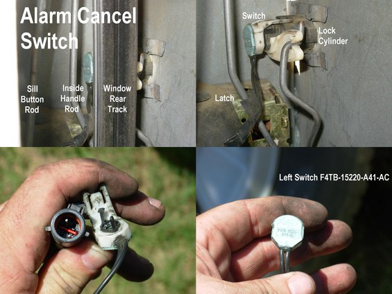 Close-up of car door latch mechanism with labels for switch, lock cylinder, and latch. Also shows a hand holding electrical connectors and a switch labeled F4TB-15220-A41-AC