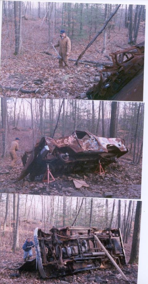1978 Ford Bronco - A severely damaged vehicle is shown in three stages of assessment in a wooded area.