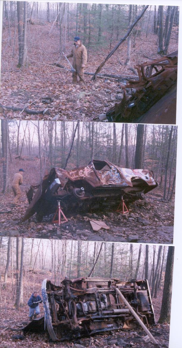 wrecked vehicle on jack stands in woods, another shot shows it upside down