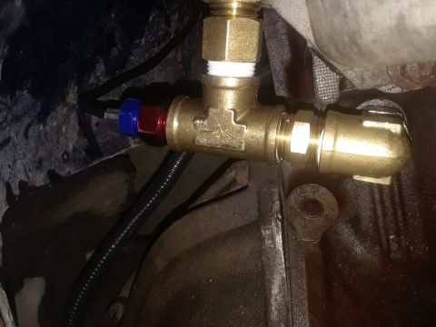 1985 Ford Bronco - Close-up of a brass T-fitting with blue and red connectors, part of a plumbing system.