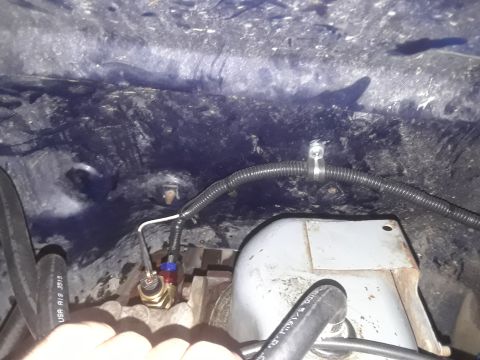 1985 Ford Bronco - Detail shot of engine bay wiring and a sensor, with a hand in the frame.