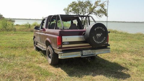 1996 Ford Bronco - Rear view of a 1992 Ford Bronco parked on a grassy area next to a body of water.