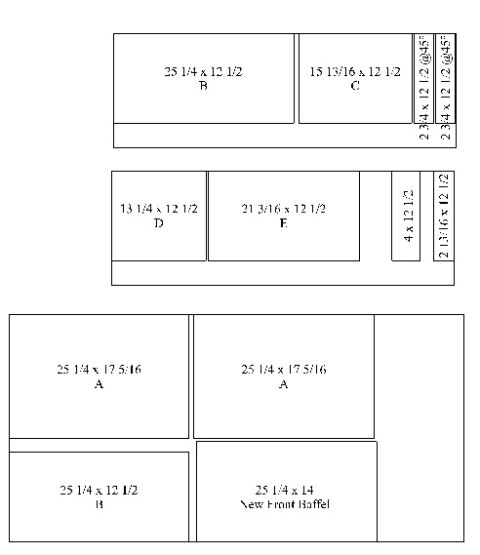 1994 Ford Bronco - Dimensioned cut layout for speaker-enclosure panels labeled A through E with measurements in inches.