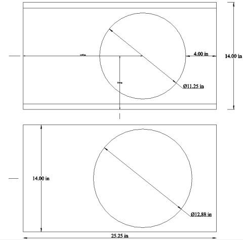 1994 Ford Bronco - Dimensioned blueprint of speaker baffles showing 11.25 in and 12.88 in cutout diameters and panel sizes.