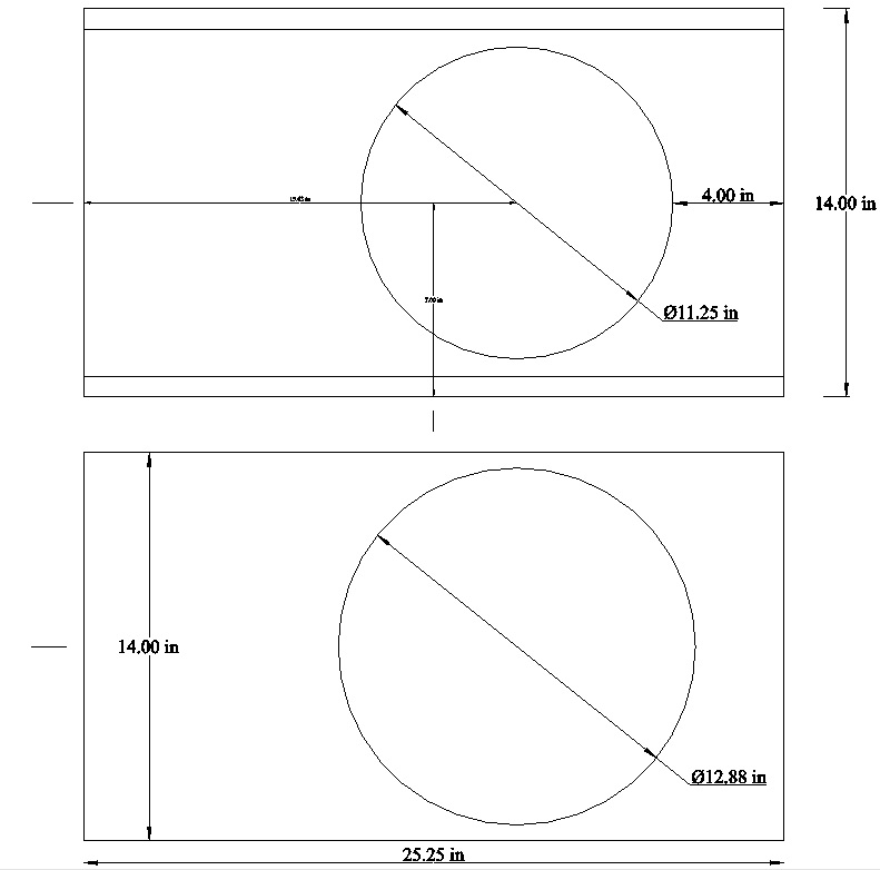 Dimensioned drawing of speaker baffle panels with circle diameters and overall dimensions