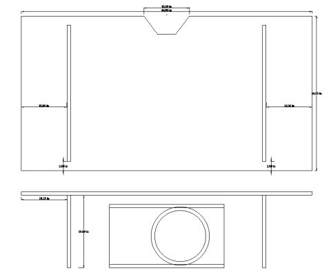 1994 Ford Bronco - Dimensioned blueprint of a ported speaker box panel with internal bracing and a circular subwoofer cutout.