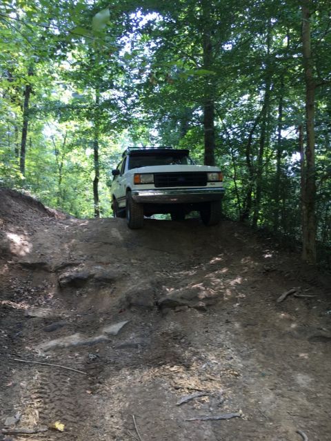 1988 Ford Bronco - White 1988 Ford Bronco navigates a challenging off-road path through a dense forest.