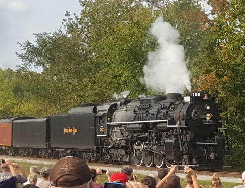 1973 Ford Mustang - A steam locomotive, identified by the number 765, billows smoke as it travels along the tracks, observed by a crowd.