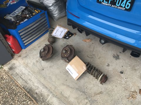 1973 Mazda RX-3 - Farm fresh RX3 complete front struts. These will be the spindle donor for my custom front coilovers. Billet hubs are being made in 5x114.3…