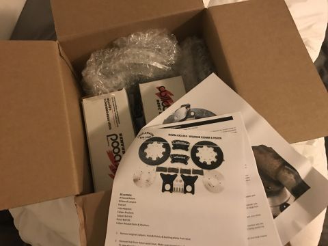 1973 Mazda RX-3 - A box contains new brake components and installation instructions for a Mazda RX3-RX4.