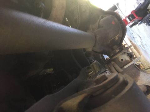1986 Ford Bronco - Underside view of a vehicle's driveshaft and differential assembly.