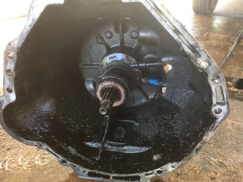 1986 Ford Bronco - Interior view of a vehicle's clutch housing, showing the splined shaft and hydraulic release bearing.