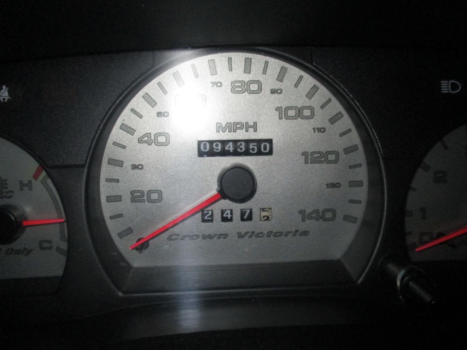 Crown Victoria speedometer and odometer showing 94350 miles