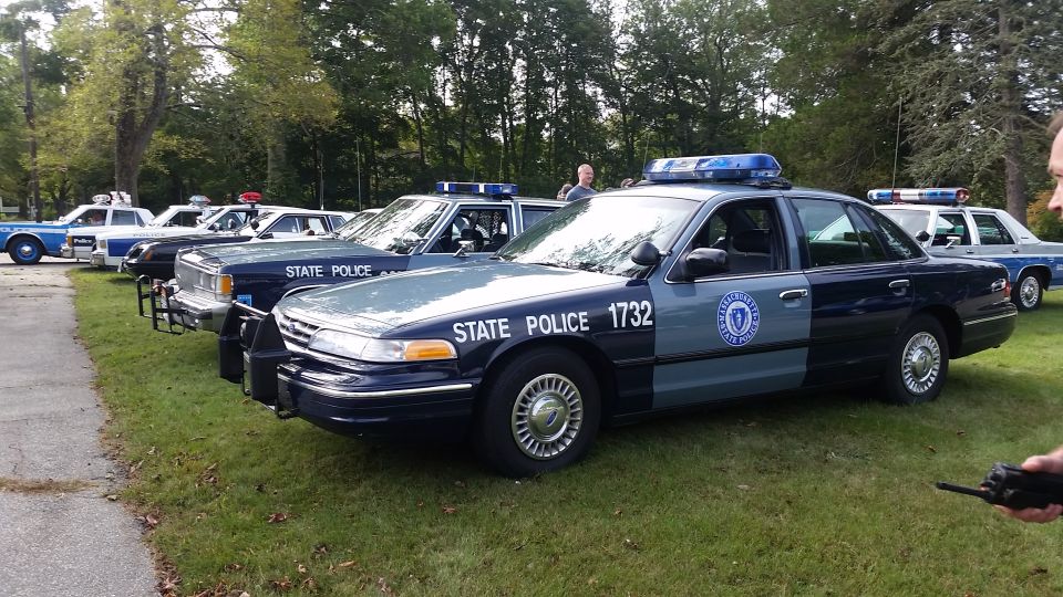 Several police sedans parked on grass, including a dark blue and gray State Police car with number 1732 visible