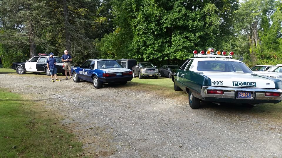 Green and white police car, rear view, with 'POLICE' and '2902' visible